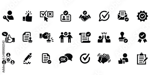 Collection of approval and validation icons isolated on on white background