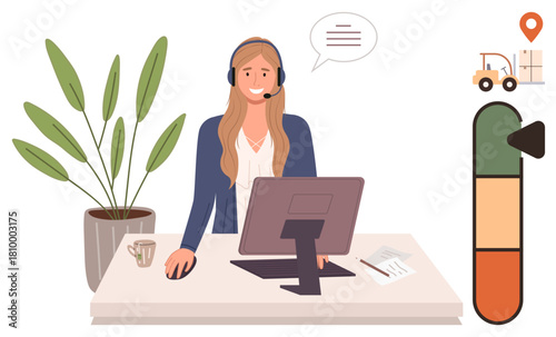 Woman with headset at desk using computer, chat icon, delivery truck, status tracker, coffee cup, plant. Ideal for customer service, logistics, communication productivity business support simple