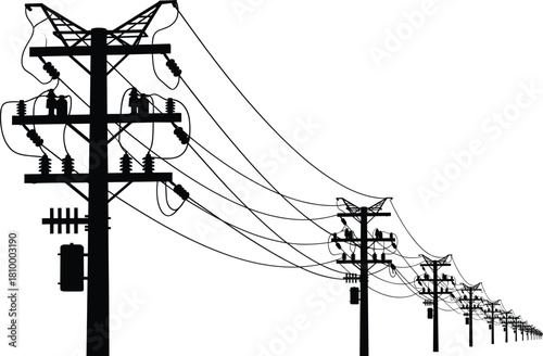 Electrical utility pole, power line infrastructure, rural energy grid, high voltage transmission, transformer installation, insulator system, electricity distribution, engineering network, 