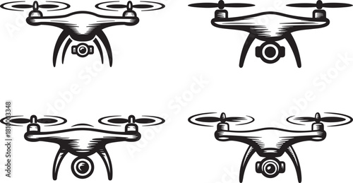 Quadrocopter drone engraving vector icon set isolated on transparent background vintage style