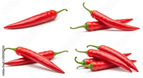 Vibrant red hot chili peppers on a white background.