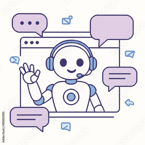 Friendly Chatbot Customer Service Agent with Headset and Communication Bubbles.