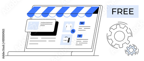 Laptop with storefront interface, product listings, discount tag, and gear icons. Ideal for e-commerce, marketing, digital stores, freelancing, customization free tools simple flat metaphor