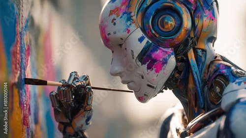 A humanoid robot painting with a brush, gently following the brush’s movement with its head, concept of creativity, technology, and artistic innovation