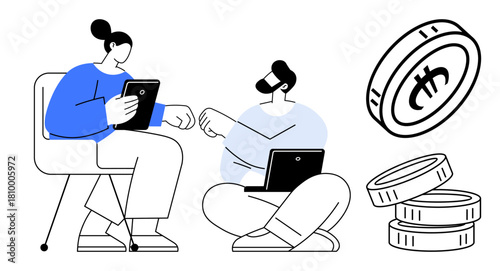 Two people use tablets and laptops while exchanging ideas, surrounded by virtual coins. Ideal for teamwork, finance, cryptocurrency, technology, innovation, digital economy and collaboration. A
