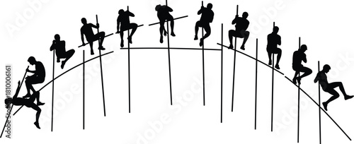 Pole vault silhouette, athlete jumping, sports motion, track and field, vaulting arc, dynamic movement, fitness training, Olympic sport, high jump action, athletic performance