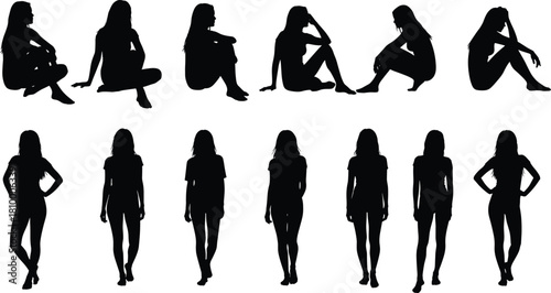 Silhouette, human, posture, seated pose, standing pose, gesture, anatomy, reference, black figure, character design, drawing, sketch, model, art, pose pack, sitting, walking, arms, legs, 