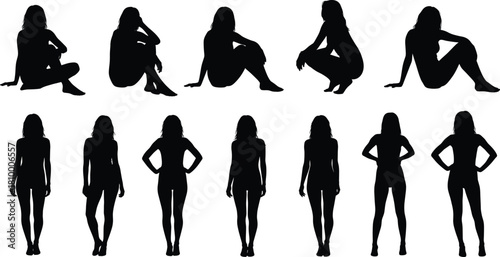 Silhouette, person, pose, sitting, standing, crouching, vector, black, human, posture, gesture, action, design, isolated, figure, collection, editable, template, animation, reference, character,