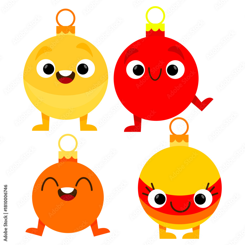 Fototapeta premium Set of smiling colorful Christmas tree decoration balls characters