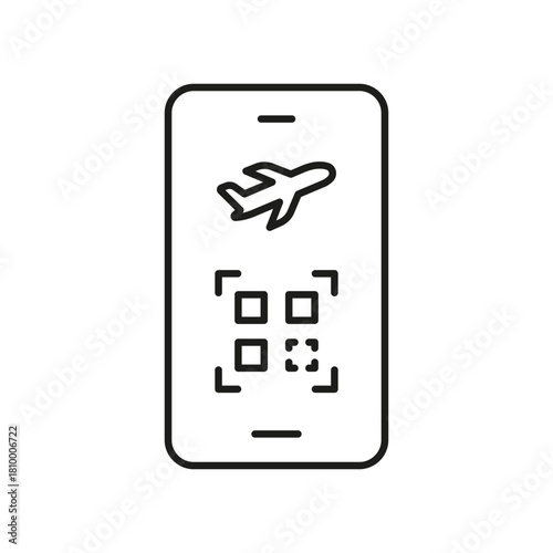 Mobile Boarding Pass Line Icon. Digital Airline Ticket And Qr Code Travel Symbol. Flight Check-In And Mobile Ticketing Technology. Editable Stroke. Isolated Vector Illustration