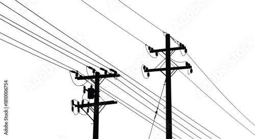 Silhouette, utility pole, power lines, urban infrastructure, electricity, transmission, cables, transformer, insulator, grid, structure, black, white, contrast, industrial, network,