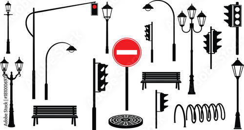 Urban street elements, traffic lights, street lamps, benches, manhole cover, bicycle rack, do not enter sign, city infrastructure, public space, urban design, road furniture