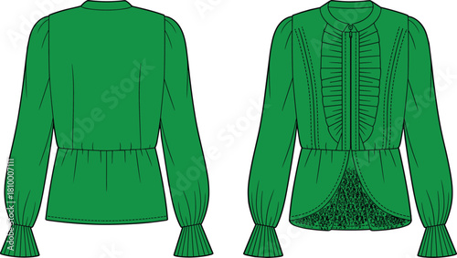 Green blouse fashion illustration, front and back view, ruffle details, button-down shirt, flared sleeves, technical sketch, garment design, apparel template