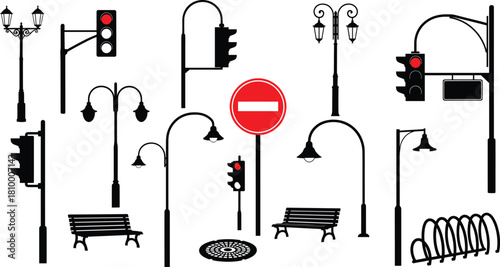 Urban street elements, traffic lights, street lamps, park benches, road signs, manhole cover, bicycle rack, city infrastructure, public space, urban design, outdoor furniture, signage