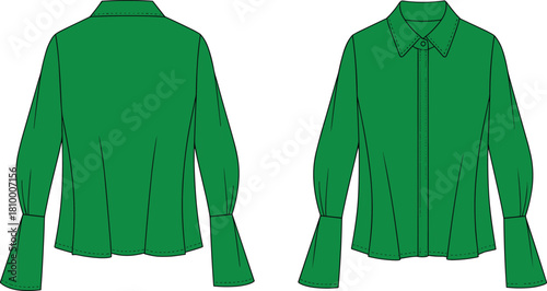 Green blouse fashion illustration, long sleeve top design, flared cuff shirt, front and back view, apparel sketch, garment template
