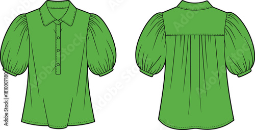 Green blouse fashion illustration, puff sleeve top, Peter Pan collar, front and back view, technical sketch, garment design, sewing template