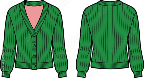 Green cardigan sweater, front and back view, ribbed knit, button-down, V-neck, long sleeve, fashion apparel, clothing mockup, illustration
