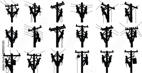 Utility pole silhouette, lineman working, electrical repair, power line maintenance, transformer installation, safety gear, teamwork, climbing pole, black vector, industrial job, energy workers