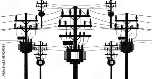 Utility pole network, electrical transformer system, power distribution infrastructure, urban energy grid, high voltage lines, crossarms, insulators, electricity supply,
