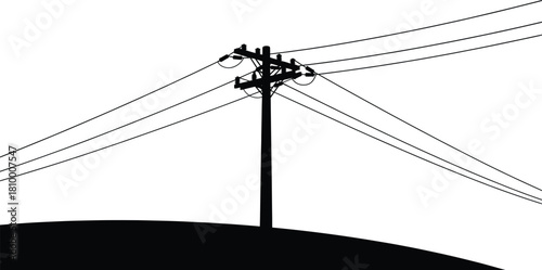 Utility pole silhouette, power lines tension, rural infrastructure, electricity distribution, energy grid, black and white contrast, engineering concept, elevated terrain,