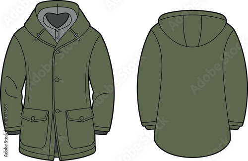 Green parka coat, front and back view, hooded jacket, winter outerwear, fashion illustration, apparel mockup, clothing design, layered cuffs
