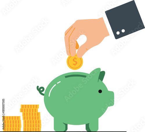 Green piggy bank, saving money concept, financial investment, gold coin deposit, wealth growth, banking, budget planning, economy, finance, business