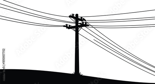 Utility pole silhouette, power lines tension, rural infrastructure, electricity distribution, urban grid, engineering concept, sloped ground, black outline, energy network,