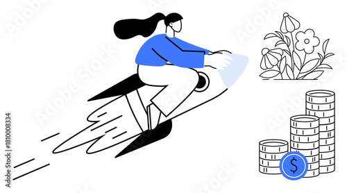 Woman on a rocket symbolizes ambition and innovation, flowers represent growth, and coins signify financial success. Ideal for business, startups, investment, finance, growth, vision simple flat