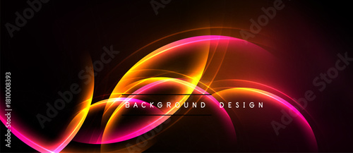 Abstract design features vibrant curves, glowing lines. Dark background enhances bright orange, pink hues. Modern aesthetic.
