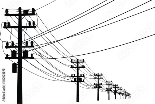 Utility poles, power lines, electrical grid, rural infrastructure, energy transmission, perspective view, vanishing point, transformers, insulators, 