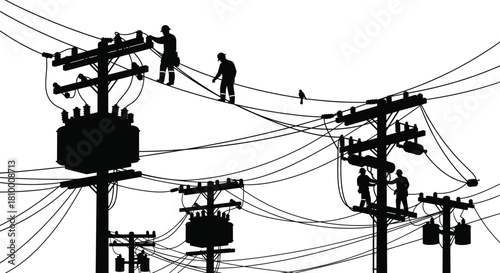 Utility workers on power lines, electrical maintenance silhouette, linemen climbing poles, transformer installation, power grid infrastructure, 