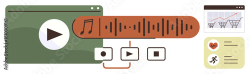 Media player screen, audio waveform, playback icons, e-commerce analytics graph, wellness apps. Ideal for tech, entertainment, e-commerce fitness analytics music lifestyle. Simple flat metaphor