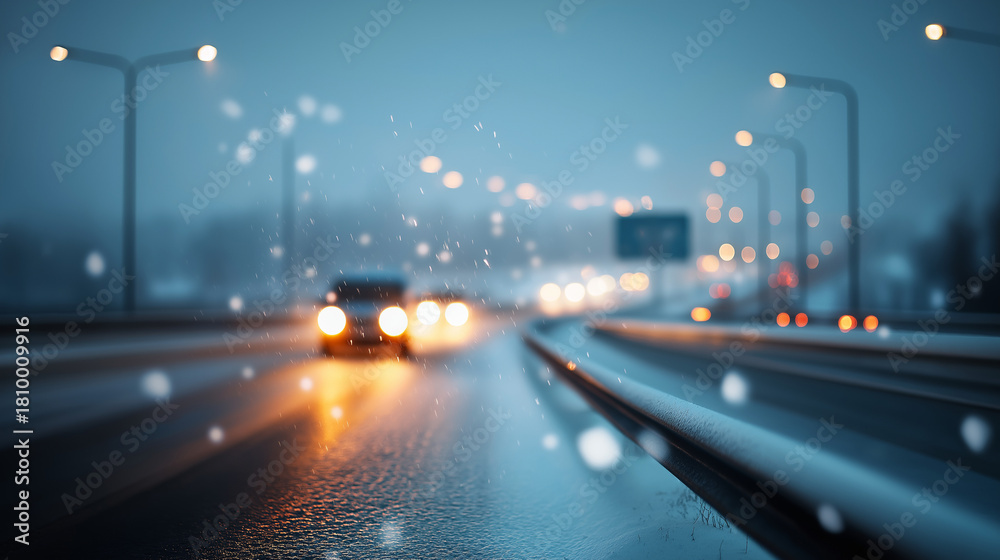 Naklejka premium Motorway in heavy snowfall with atmospheric haze faceless highway scene defocused foggy background poor viewing distance winter dangerous conditions travel visibility hazard