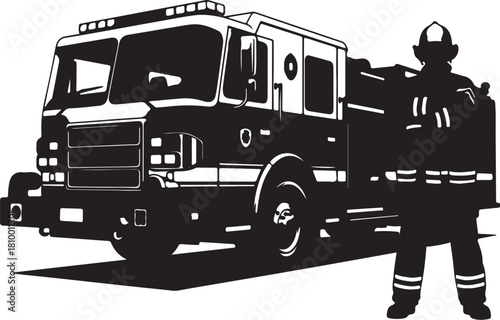 Firefighter Standing Next to Fire Truck Silhouette emergency vehicle rescue on transparent background
