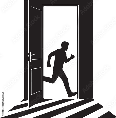 Silhouette of a man running through an open doorway with light and shadows vector illustration on transparent background