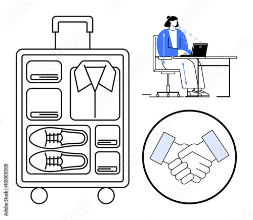 Business travel essentials. Organized suitcase, handshake collaboration, and remote work setup with laptop. Business travel, teamwork, and global connectivity. Ideal for corporate, logistics