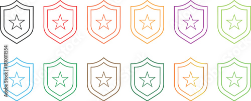 A comprehensive set of outline shield vector icons with stars, representing concepts of security, protection, quality, and achievement, presented in a minimalist, colorful design.