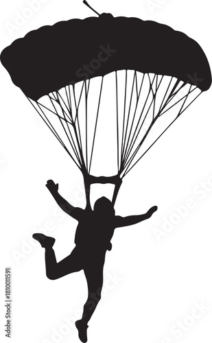 Silhouette of a skydiver descending with a parachute open against a white background skydiving jumping on transparent background