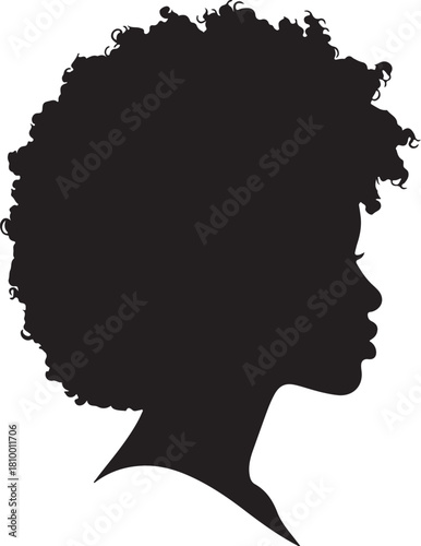 Silhouette profile of a woman with voluminous curly hair Keywords: silhouette, profile, woman, female, head, hair, curly hair, afro, black, isolated, graphic, design, on transparent background