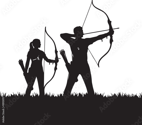Two Archers Silhouettes Aiming Bows and Arrows on Grass archery bow and arrow on transparent background