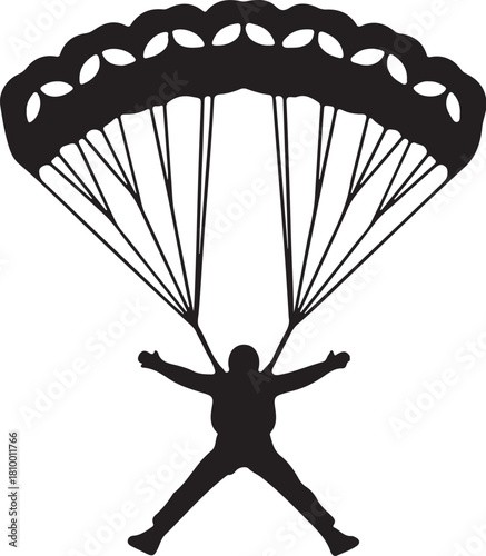 Skydiver Silhouette Falling with Open Parachute on White Background Keywords: skydiver, skydiving, parachute, paraglider, freefall, jump, falling, sport, recreation, on transparent background