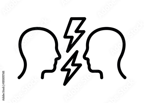 Two stylized human head profiles facing each other with a lightning bolt symbol between them.
