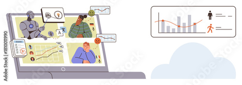 Laptop displaying AI analyzing user behaviors, graphs, and emotions. Ideal for technology, data analysis, AI, behavioral study, performance tracking future trends decision-making. A simple flat