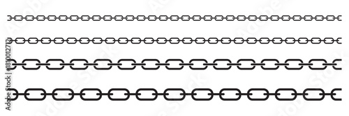 Set seamless chain link. Different chains silhouette black and white isolated on background. Chainlet line design elements. Dangling chain links set design. Vector set of black lines of chain.