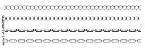 Set seamless chain link. Different chains silhouette black and white isolated on background. Chainlet line design elements. Dangling chain links set design. Vector set of black lines of chain.