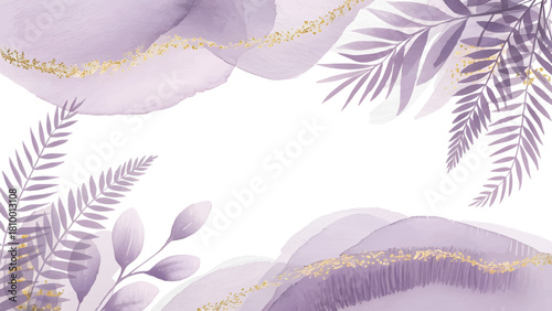 Purple watercolor botanical gold glitter frame , Abstract lavender fern wedding background , elegant pastel floral leaves border template , Sophisticated watercolor splash corner design