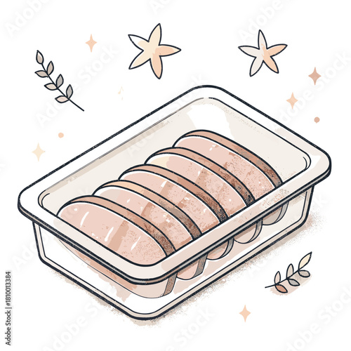 Sliced turkey in a transparent container with decorative elements 