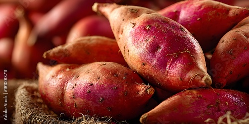 Freshly harvested sweet potatoes with dirt and dew drops.

Natural farm produce of raw sweet potatoes in warm light
