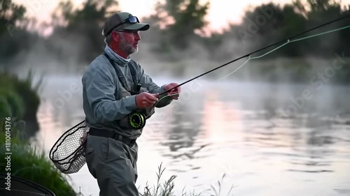 Angler fly fishing on river at sunrise, misty backdrop, for recreation or conservation