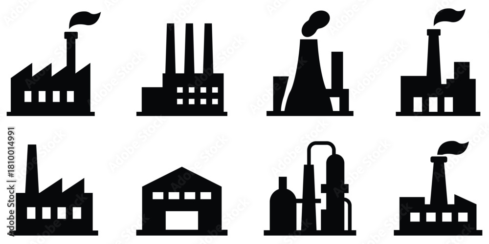 Obraz premium Industrial factory building silhouette set, Manufacturing plant and industry structure icons, Black factory skyline with chimney symbols